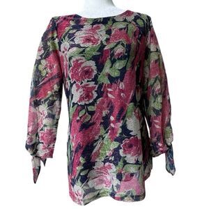 Y2K Metallic Floral Tunic Shirt Pullover QVC Loose Fitting Romantic